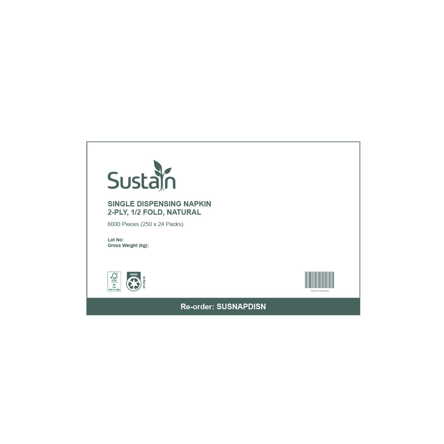 Sustain Sustain Dispenser Napkin 2-Ply Natural CT/6000   