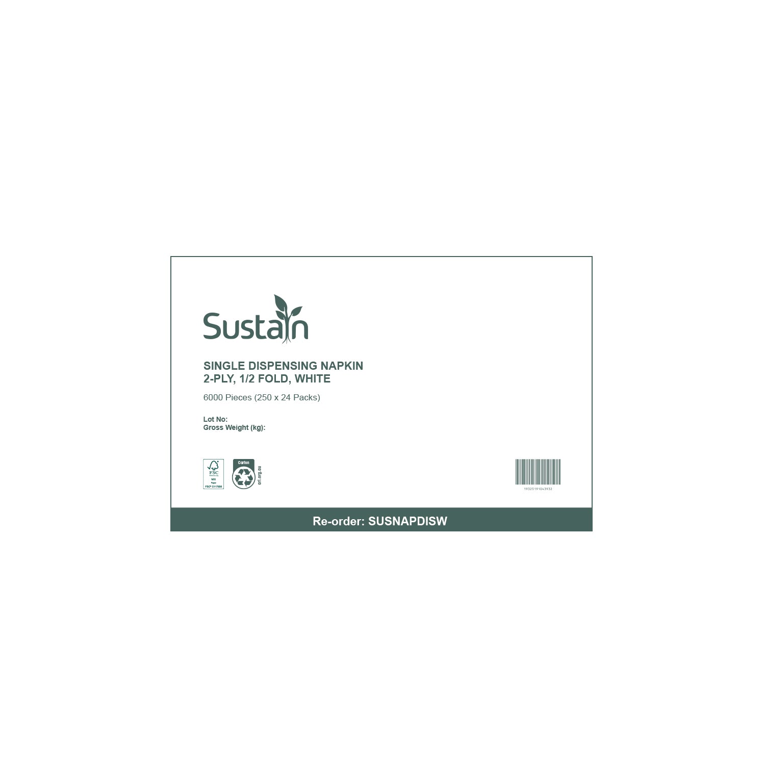 Sustain Sustain Dispenser Napkin 2-Ply White CT6000   