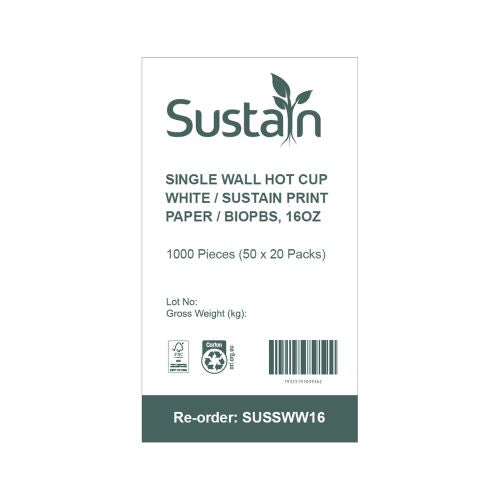 Sustain 16oz Single Wall Hot Coffee Cup Sustain PaperPBS White - CT/1000   